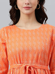 Orange Cotton Woven Design Tiered Western Dress Janasya