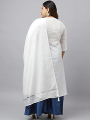 XL LOVE by Janasya Women's Plus Size Off White Poly Silk Kurta With Palazzo and Dupatta