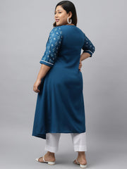 XL LOVE by Janasya Women's Plus Size Teal Poly Crepe Ikat Printed Flared kurta