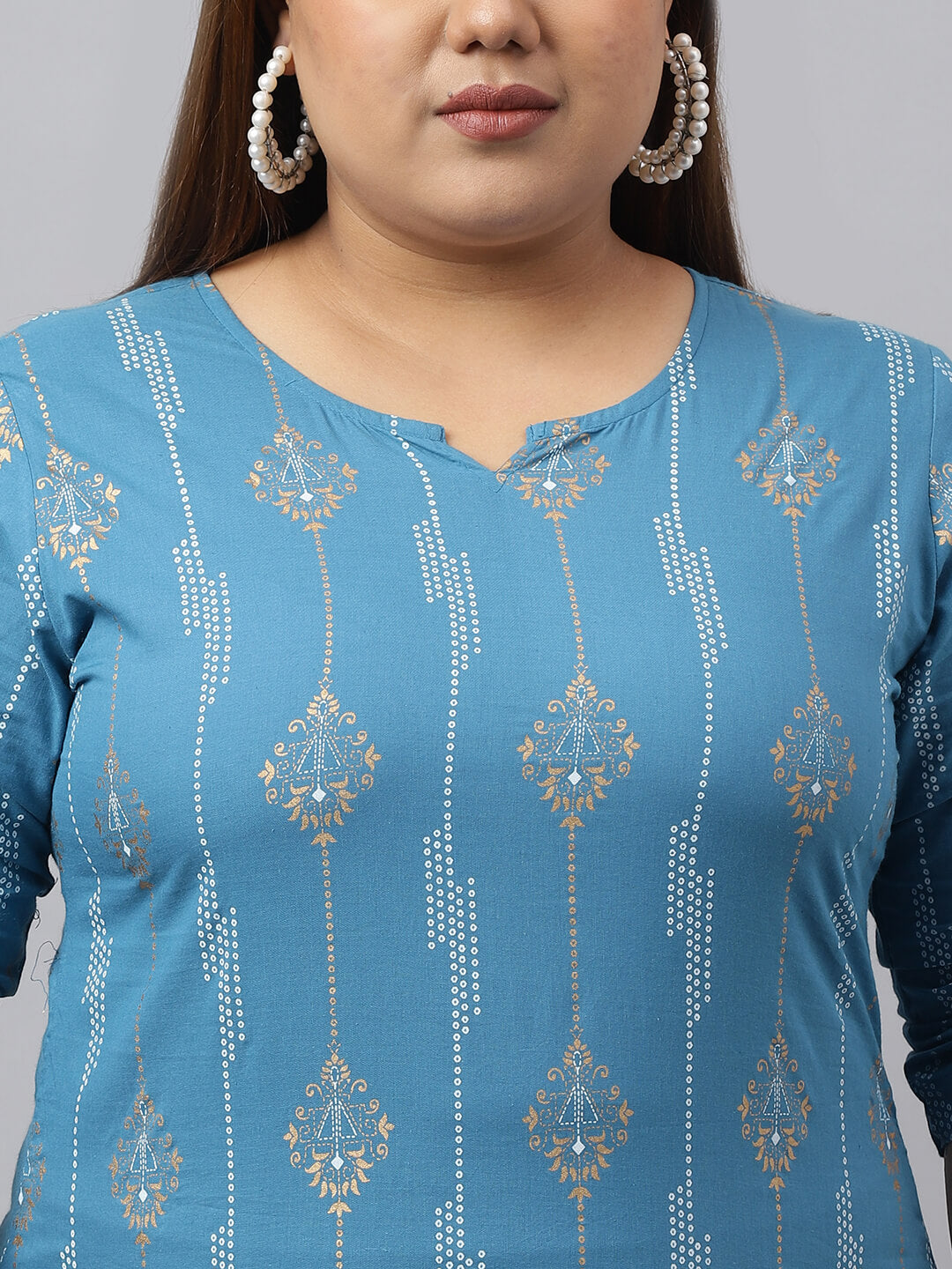 XL LOVE by Janasya Women's Plus Size Blue Cotton Ethnic Motifs Straight kurta