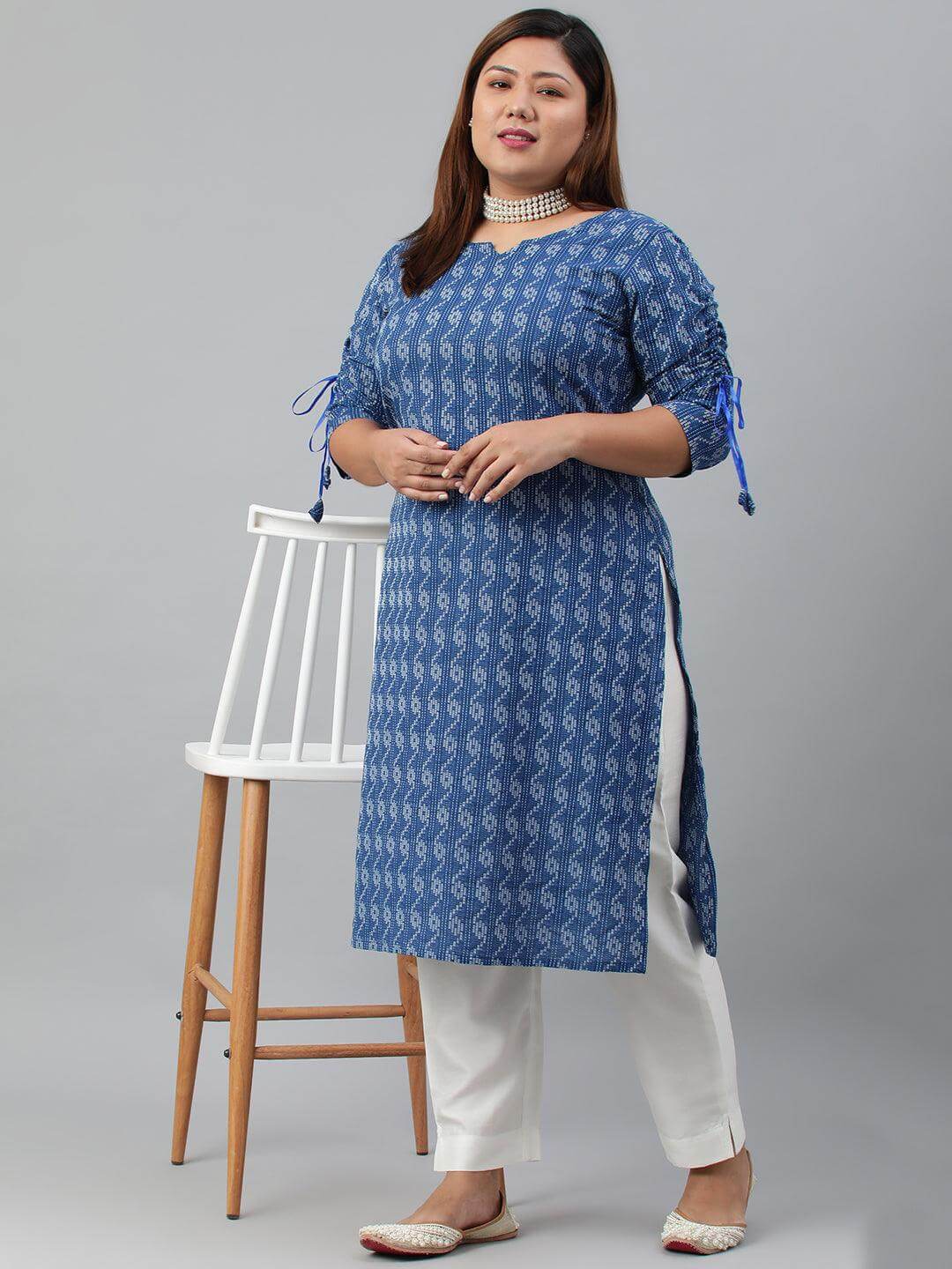 Plus Size Blue Cotton Woven Design Straight Kurta