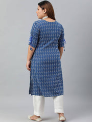 Plus Size Blue Cotton Woven Design Straight Kurta