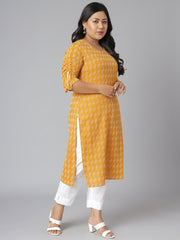 Plus Size Yellow Cotton Woven Design Straight Kurta
