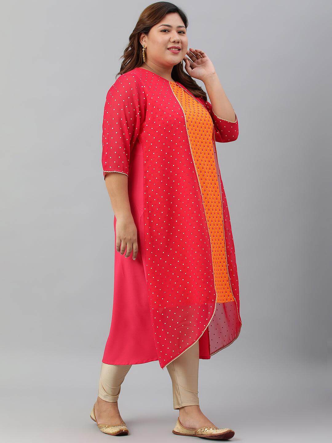 Plus Size Orange Poly Crepe Floral Print A-Line With Attached Jacket kurta