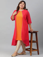 Plus Size Orange Poly Crepe Floral Print A-Line With Attached Jacket kurta