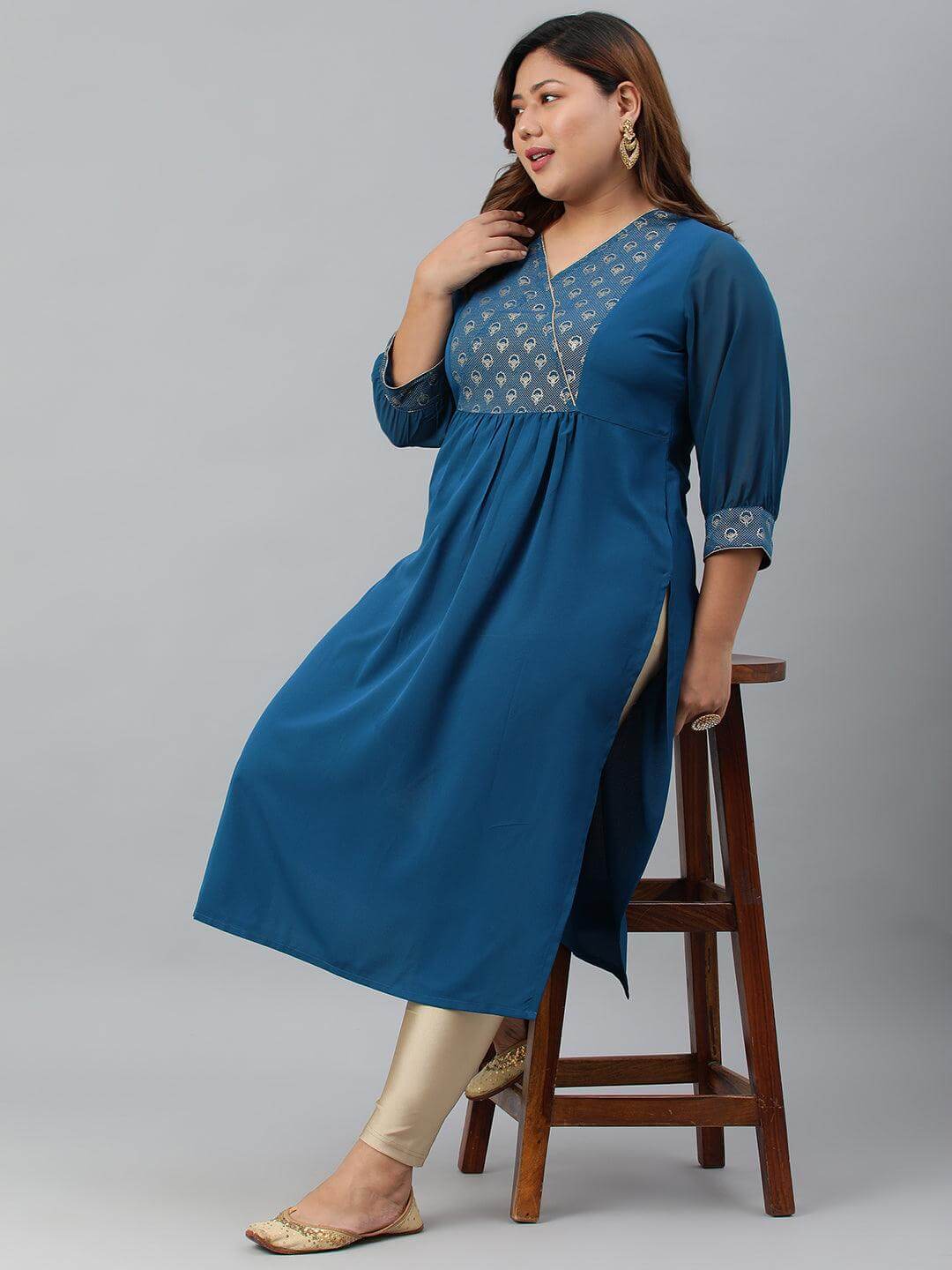 Plus Size Teal Poly Crepe Solid Straight kurta