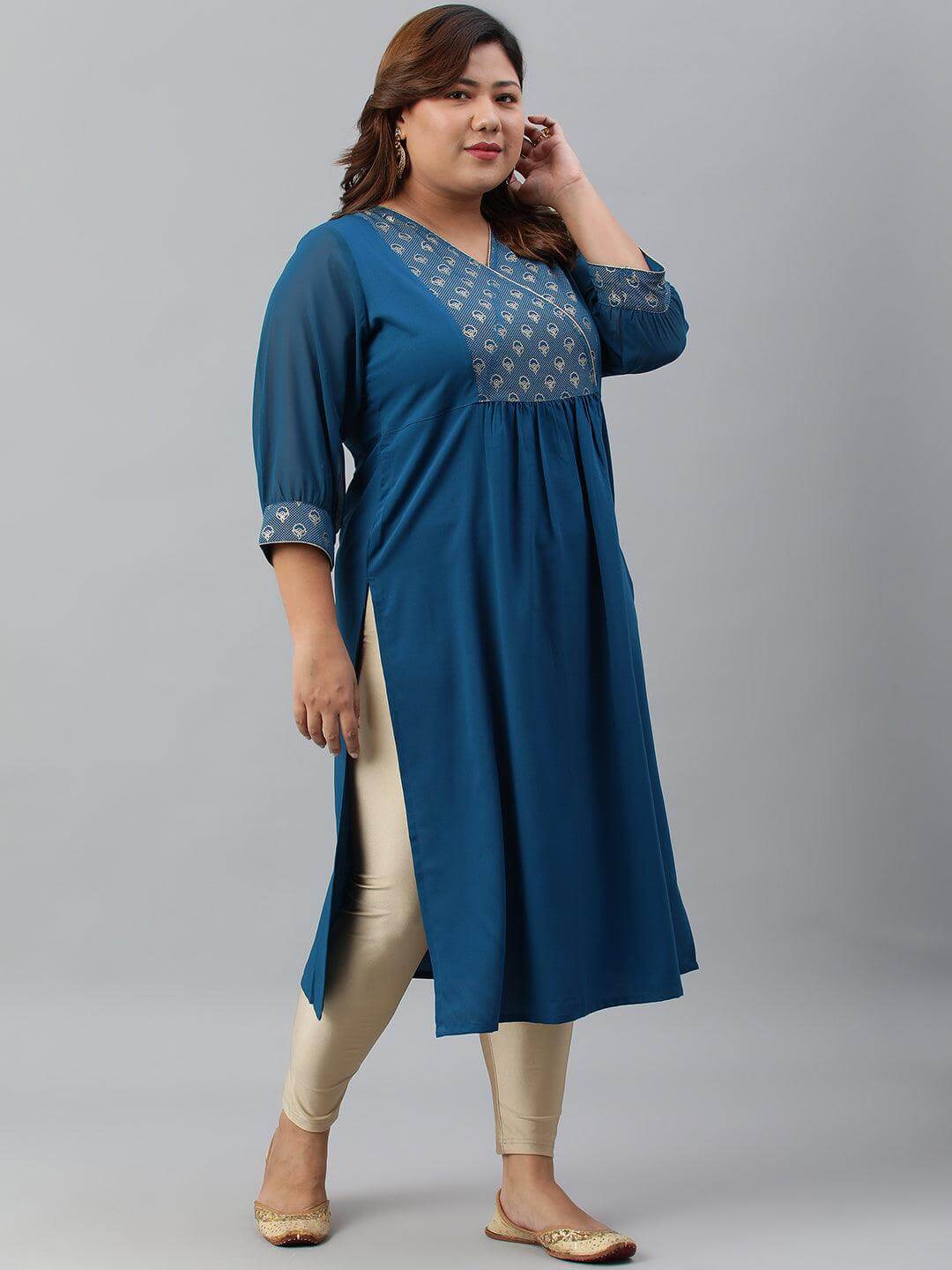 Plus Size Teal Poly Crepe Solid Straight kurta