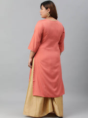 Plus Size Coral Poly Silk Embroidered Straight kurta