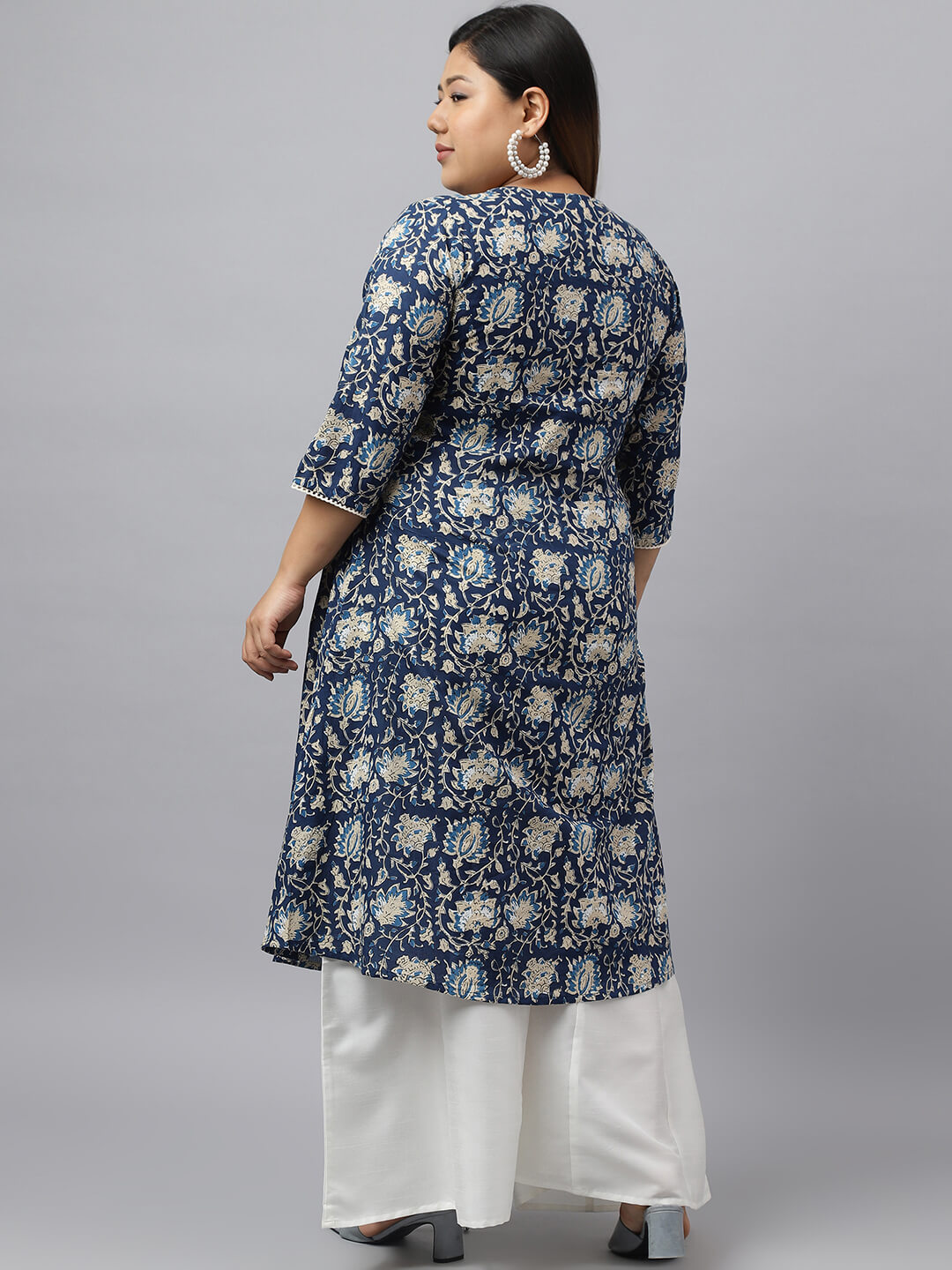 XL LOVE by Janasya Women's Plus Size Navy Blue Cotton Floral Printed Flared kurta
