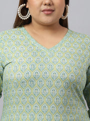 XL LOVE by Janasya Women's Plus Size Beige Green Cotton Ethnic Motifs Printed Straight kurta