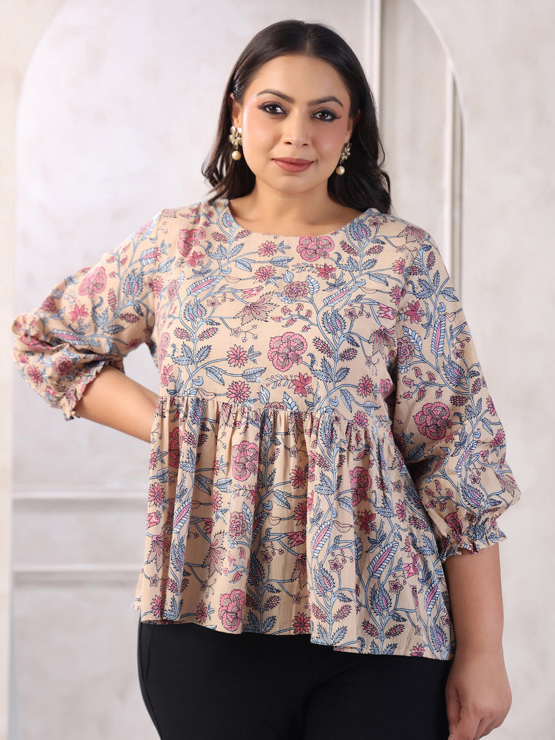 Plus Size Beige Pure Cotton Floral Print Peplum Top