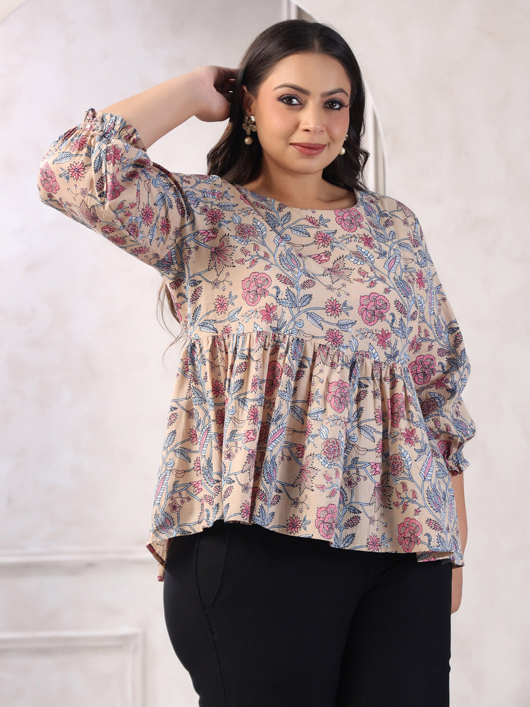 Plus Size Beige Pure Cotton Floral Print Peplum Top