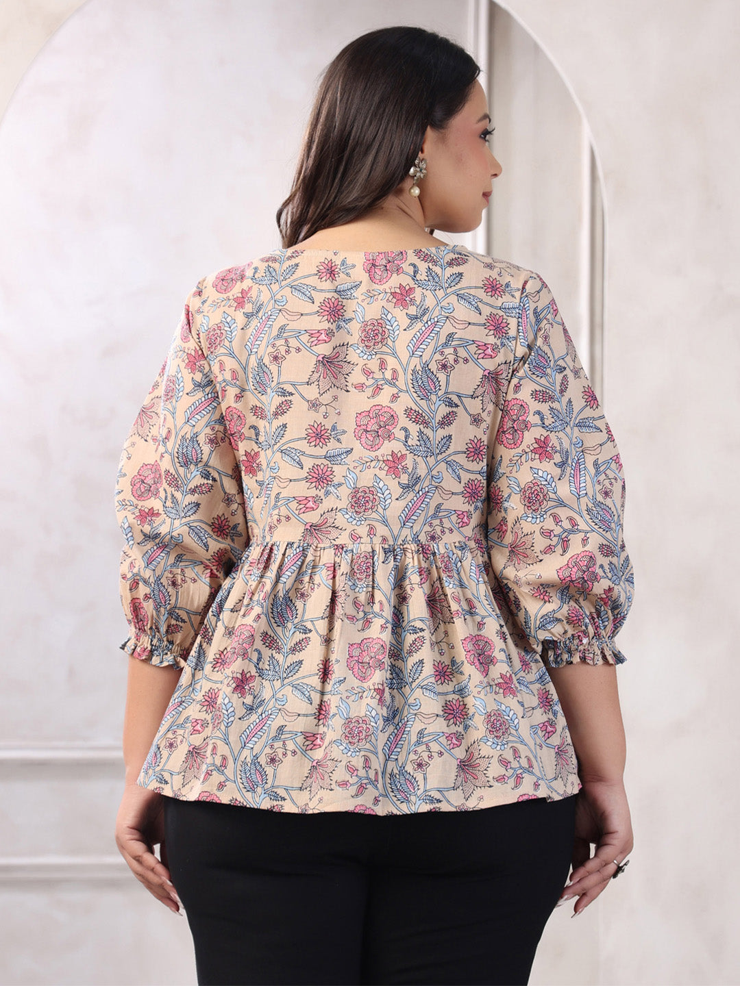 Plus Size Beige Pure Cotton Floral Print Peplum Top