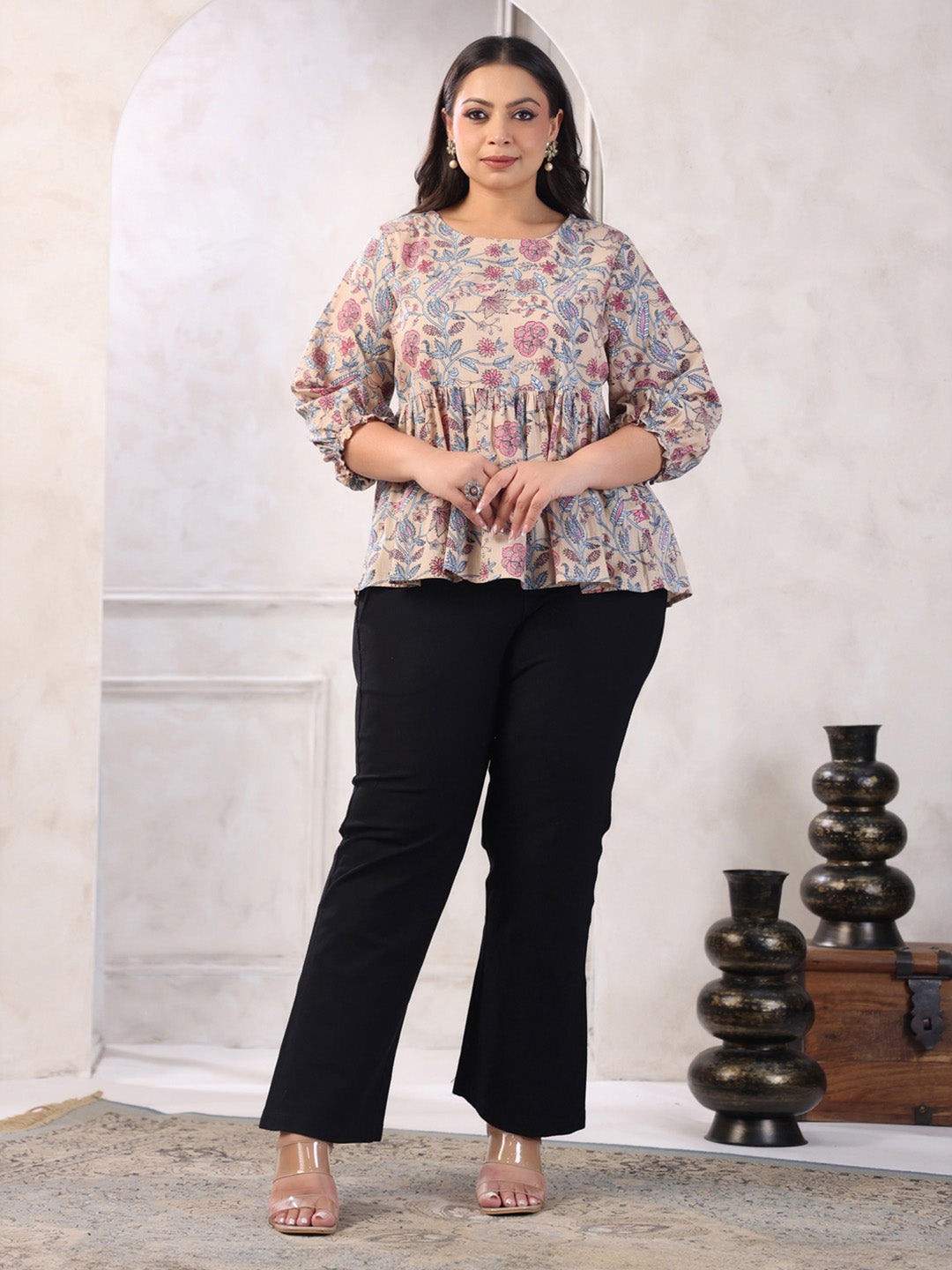 Plus Size Beige Pure Cotton Floral Print Peplum Top