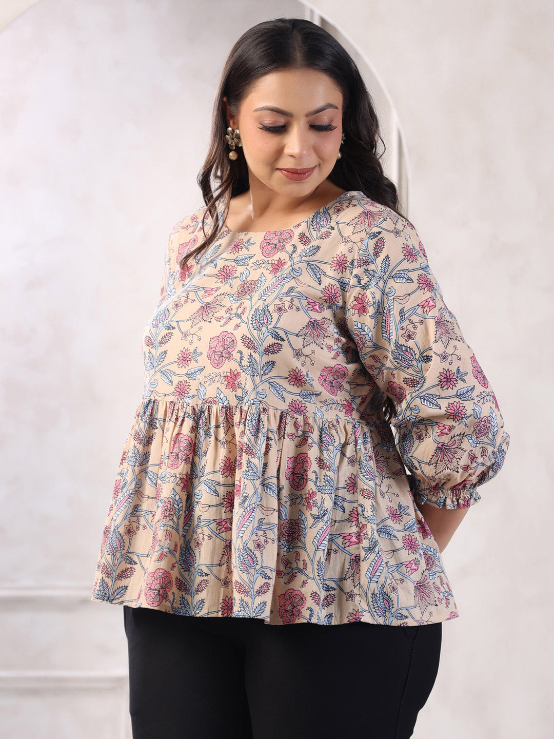 Plus Size Beige Pure Cotton Floral Print Peplum Top