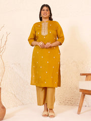 Plus Size Mustard Crepe Silk Embroidered Straight kurta