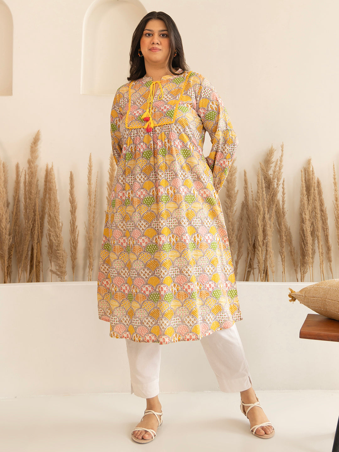 Plus Size Multicolor Cotton Ethnic Motifs A Line Kurta