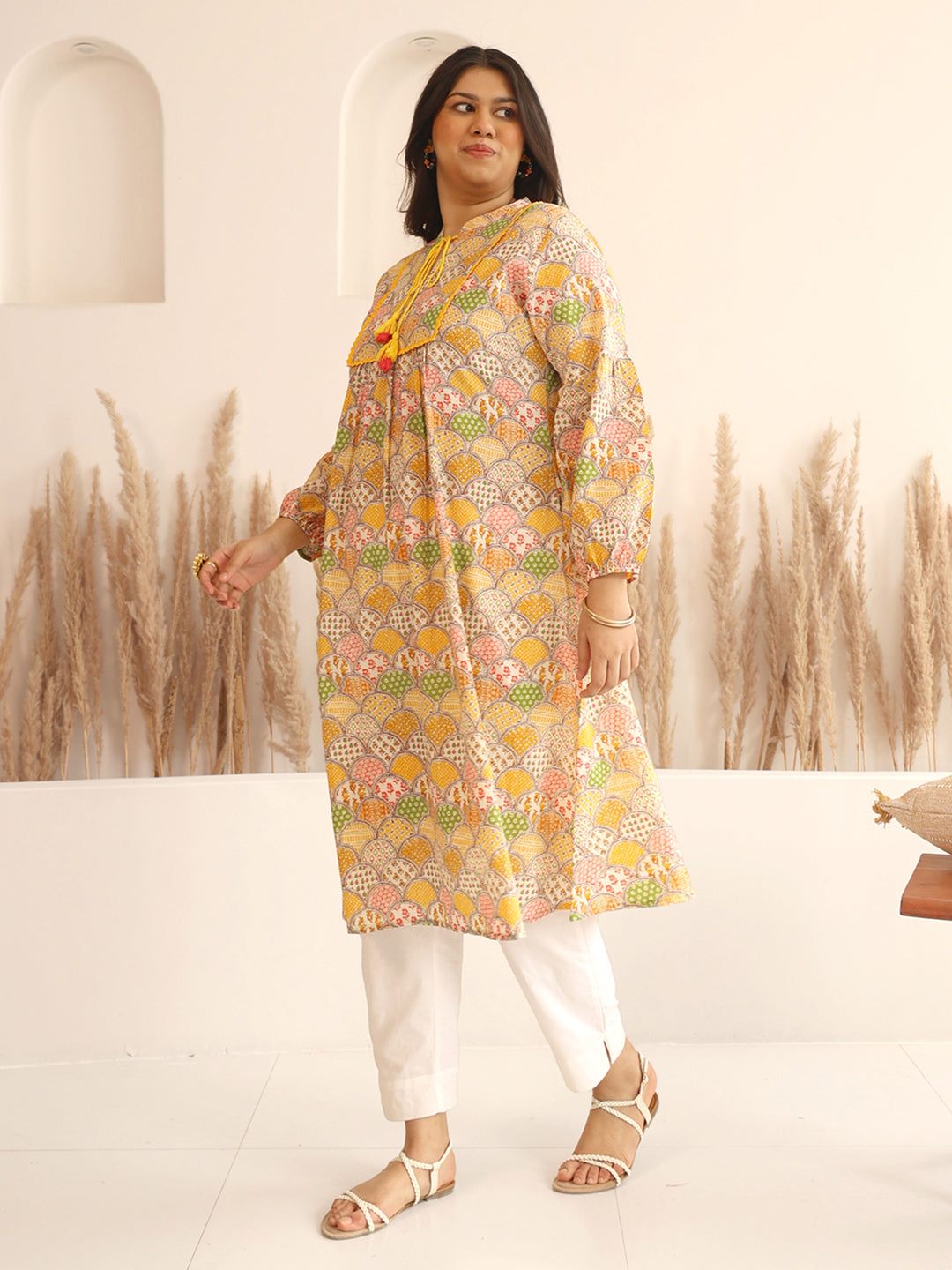 Plus Size Multicolor Cotton Ethnic Motifs A Line Kurta