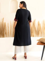 Plus Size Black Rayon Yoke Embroidered A-line kurta
