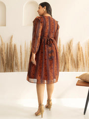 Rust Chiffon Lurex Floral Printed Flared Dress