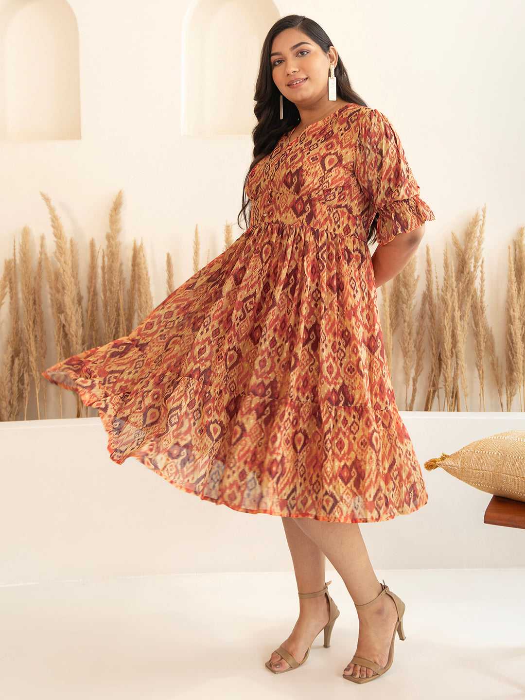 Plus Size Orange Dobby Georgette Ikat Printed Flared Dress