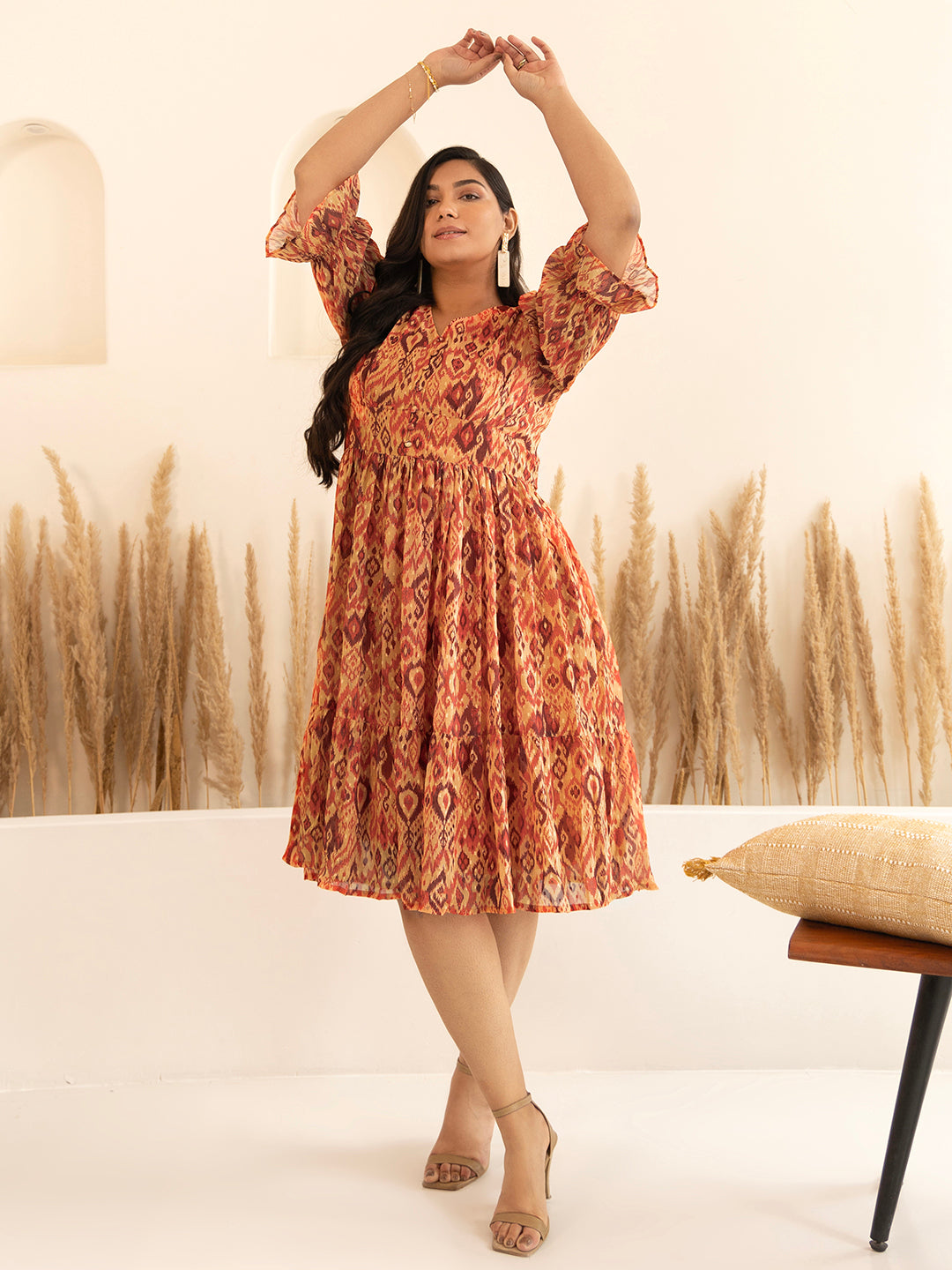 Plus Size Orange Dobby Georgette Ikat Printed Flared Dress