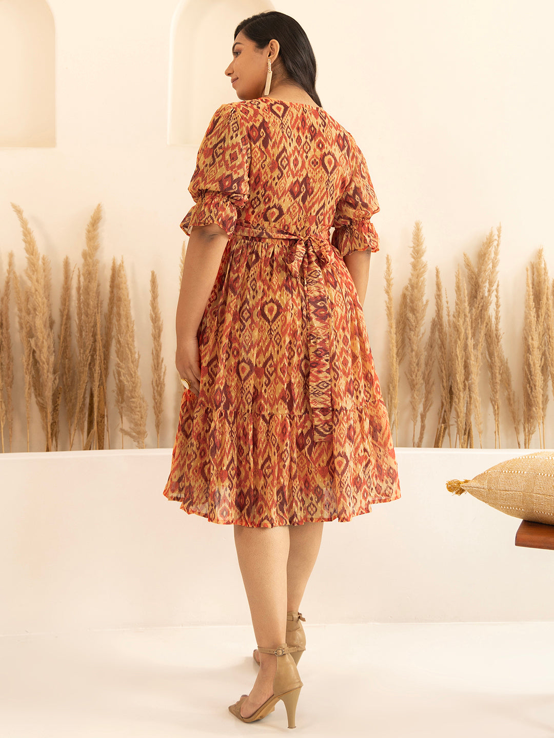 Plus Size Orange Dobby Georgette Ikat Printed Flared Dress