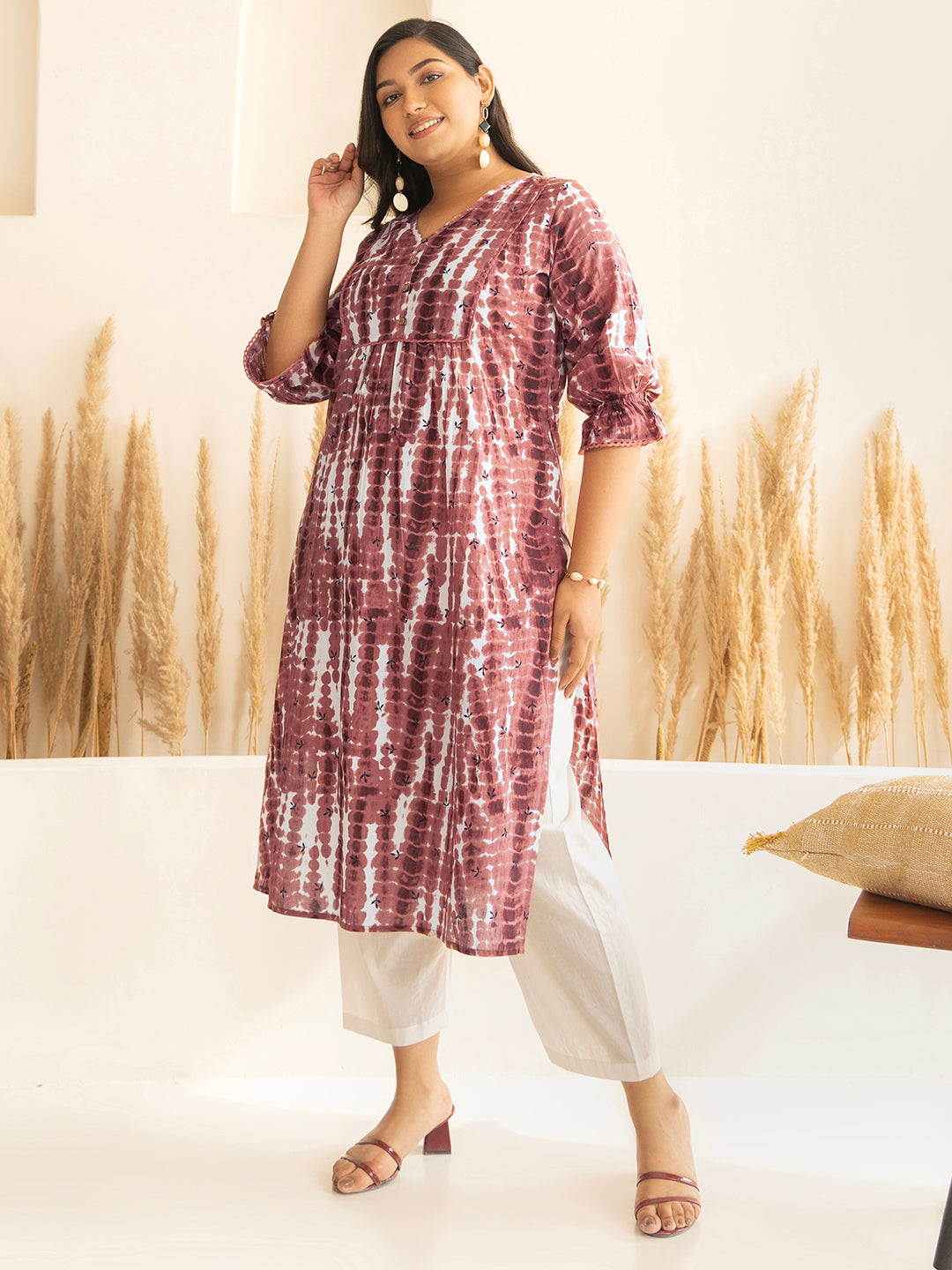 Plus Size Light Brown Cotton Tie-dye Printed Straight Kurta