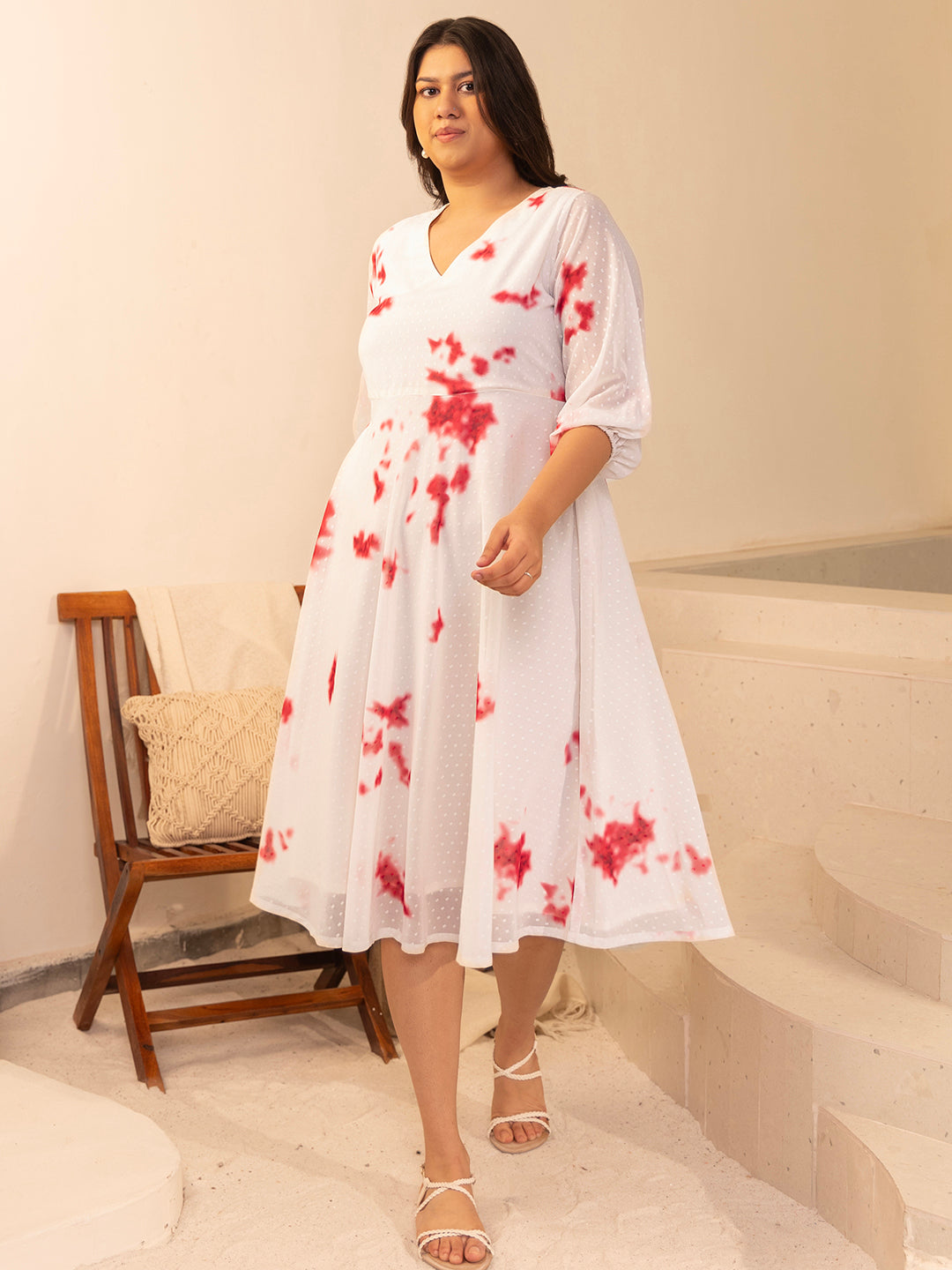 Off White Dobby Georgette Tie & Dye Fit & Flare Dress