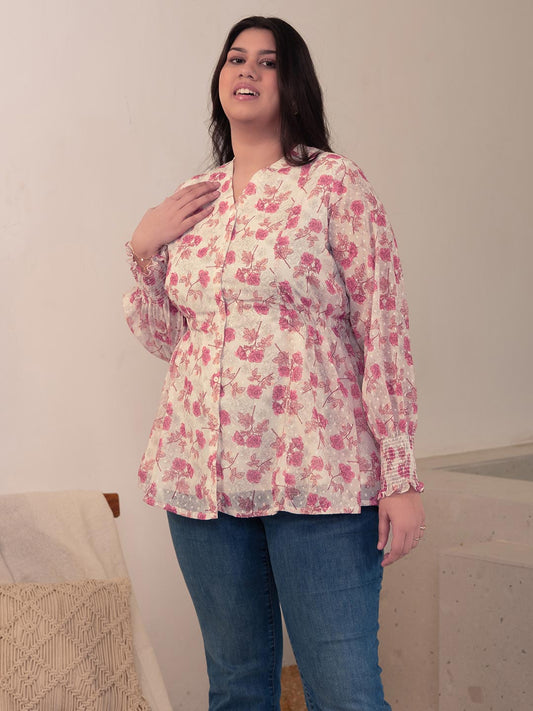 Plus Size White Dobby Georgette Floral Panelled Top