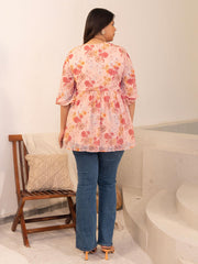 Plus Size Peach Dobby Georgette Floral Ruched Top