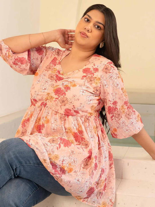 Plus Size Peach Dobby Georgette Floral Ruched Top