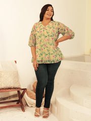 Plus Size Yellow Dobby Georgette Floral Regular Top