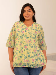 Plus Size Yellow Dobby Georgette Floral Regular Top