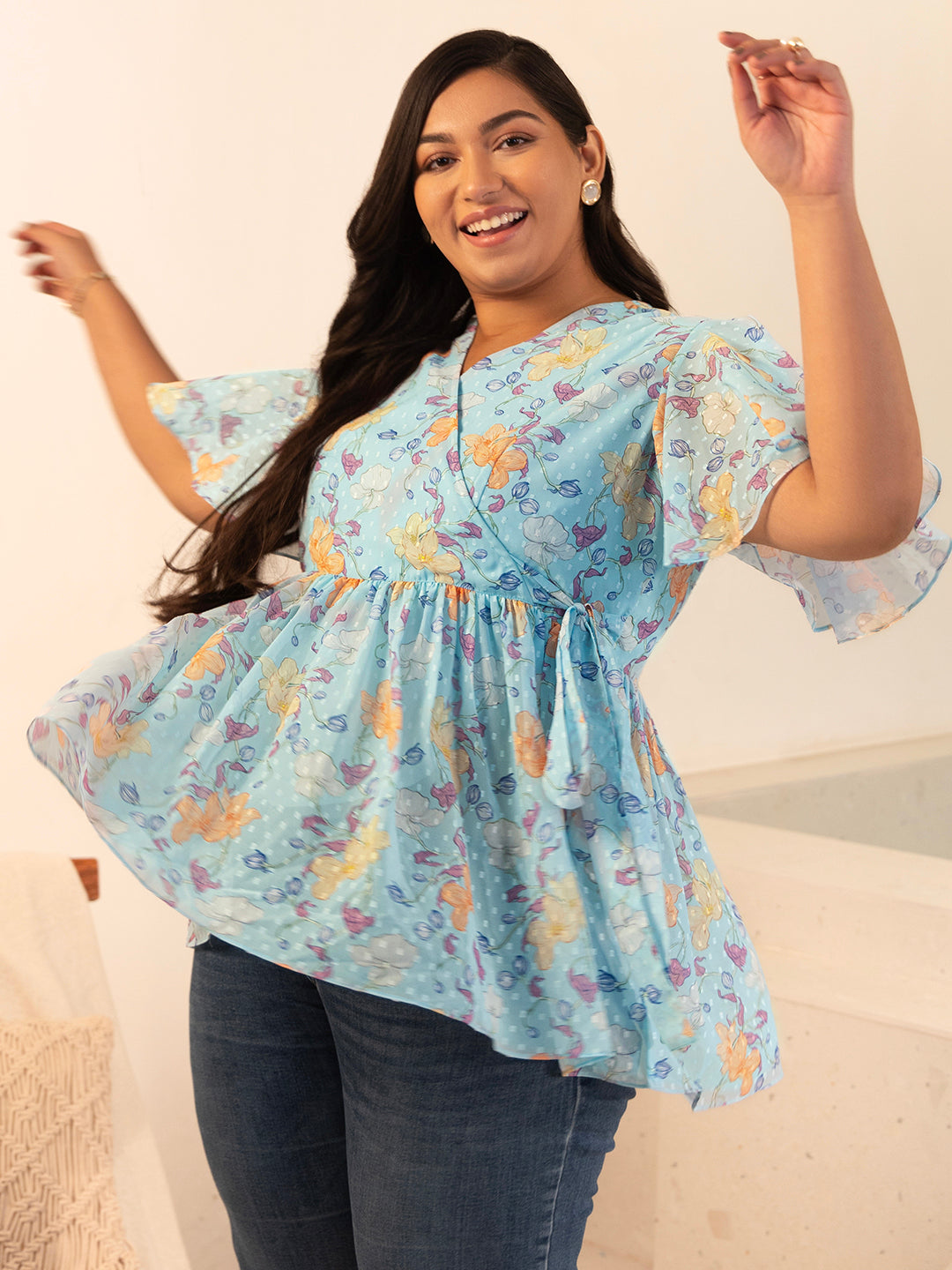 Plus Size Sky Blue Georgette Floral Peplum Top