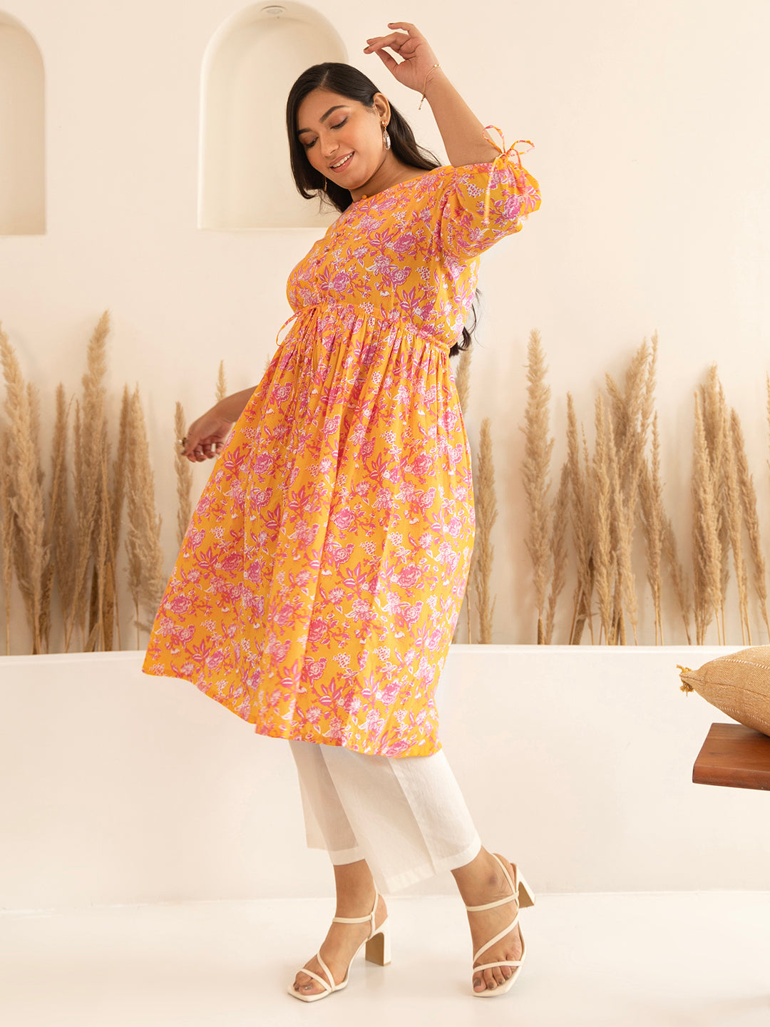 Plus Size Orange Cotton Floral A-Line Kurta