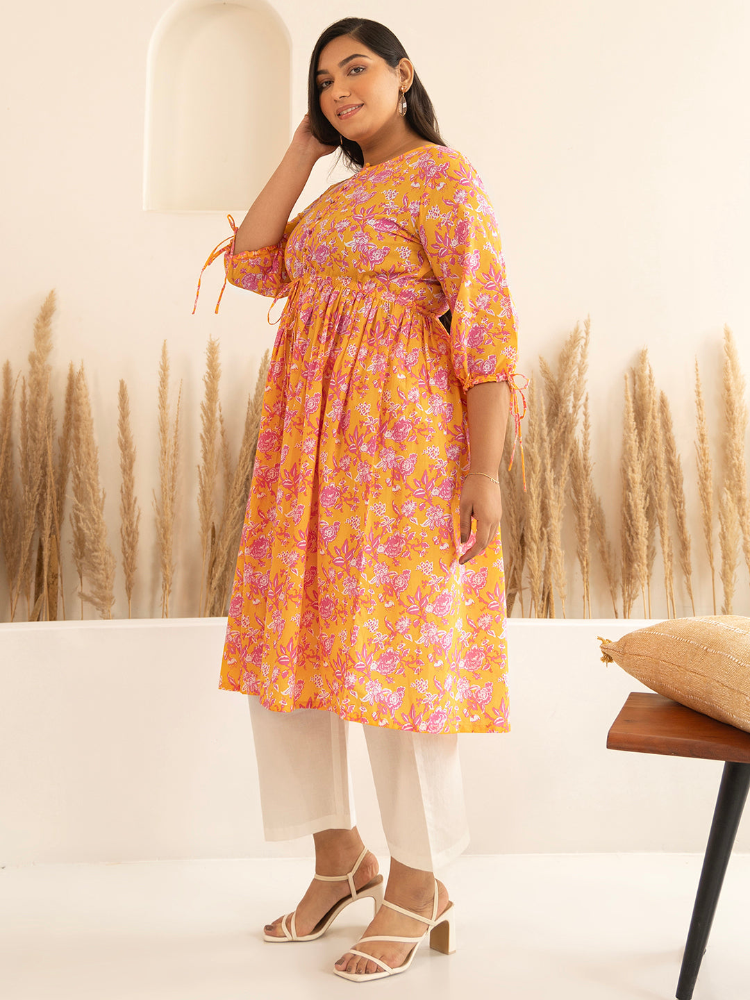 Plus Size Orange Cotton Floral A-Line Kurta