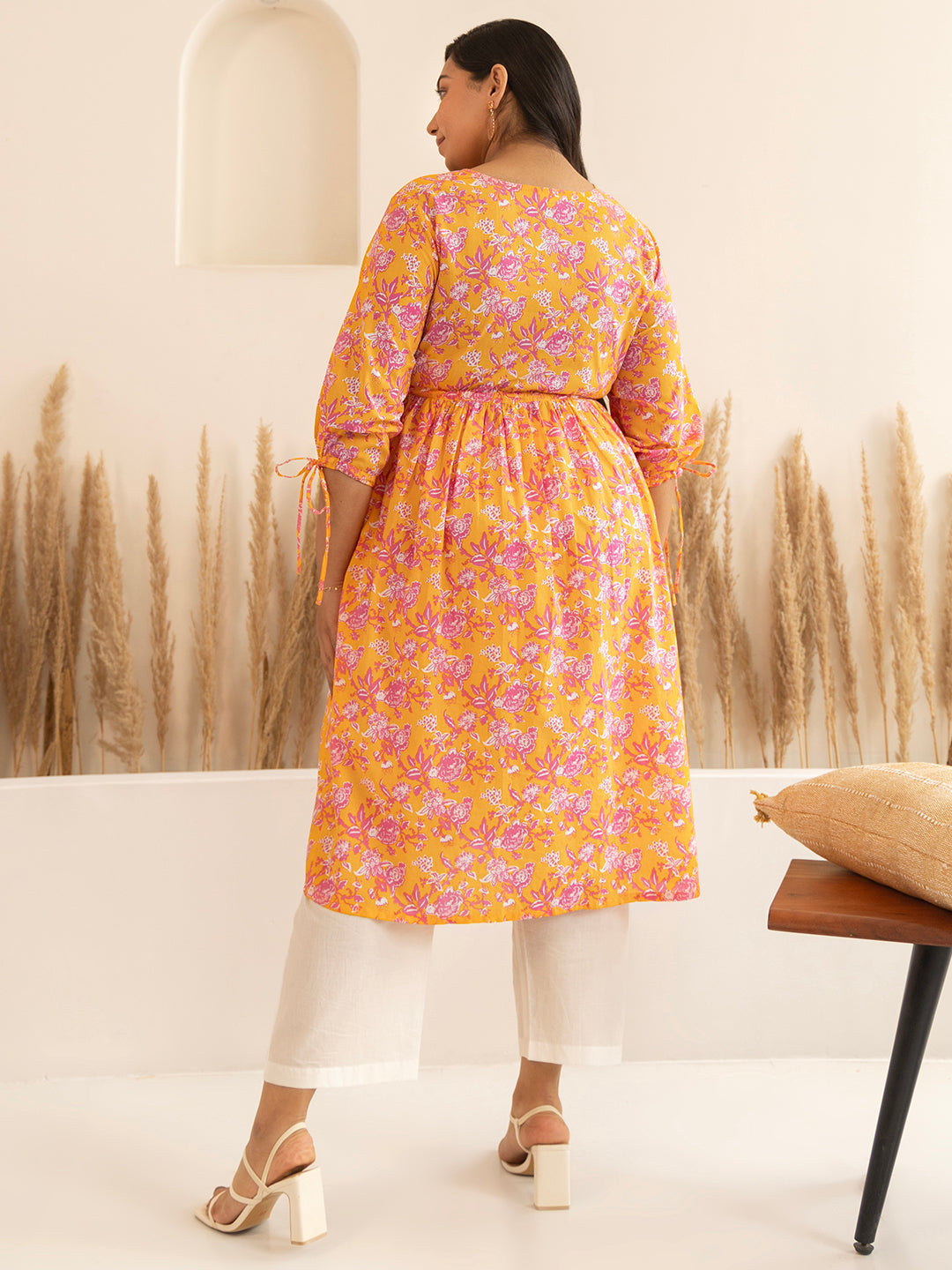 Plus Size Orange Cotton Floral A-Line Kurta