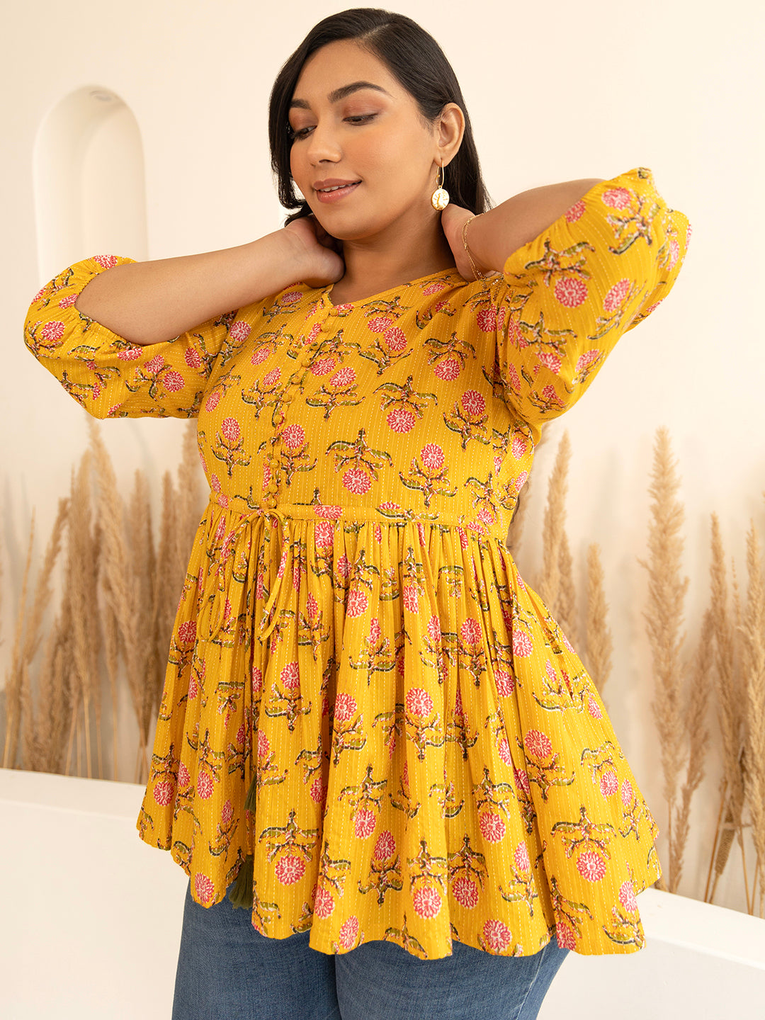 Plus Size Mustard Cotton Floral Fit & Flare Top