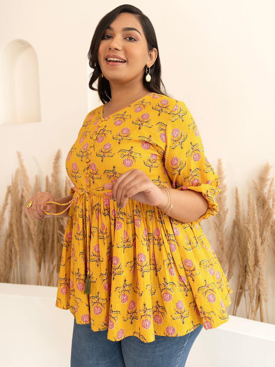 Plus Size Mustard Cotton Floral Fit & Flare Top