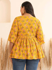Plus Size Mustard Cotton Floral Fit & Flare Top