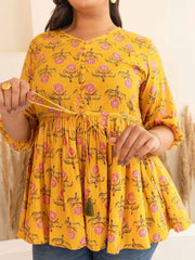 Plus Size Mustard Cotton Floral Fit & Flare Top