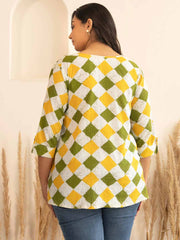 Plus Size Multicolor Cotton Geometric Regular Top