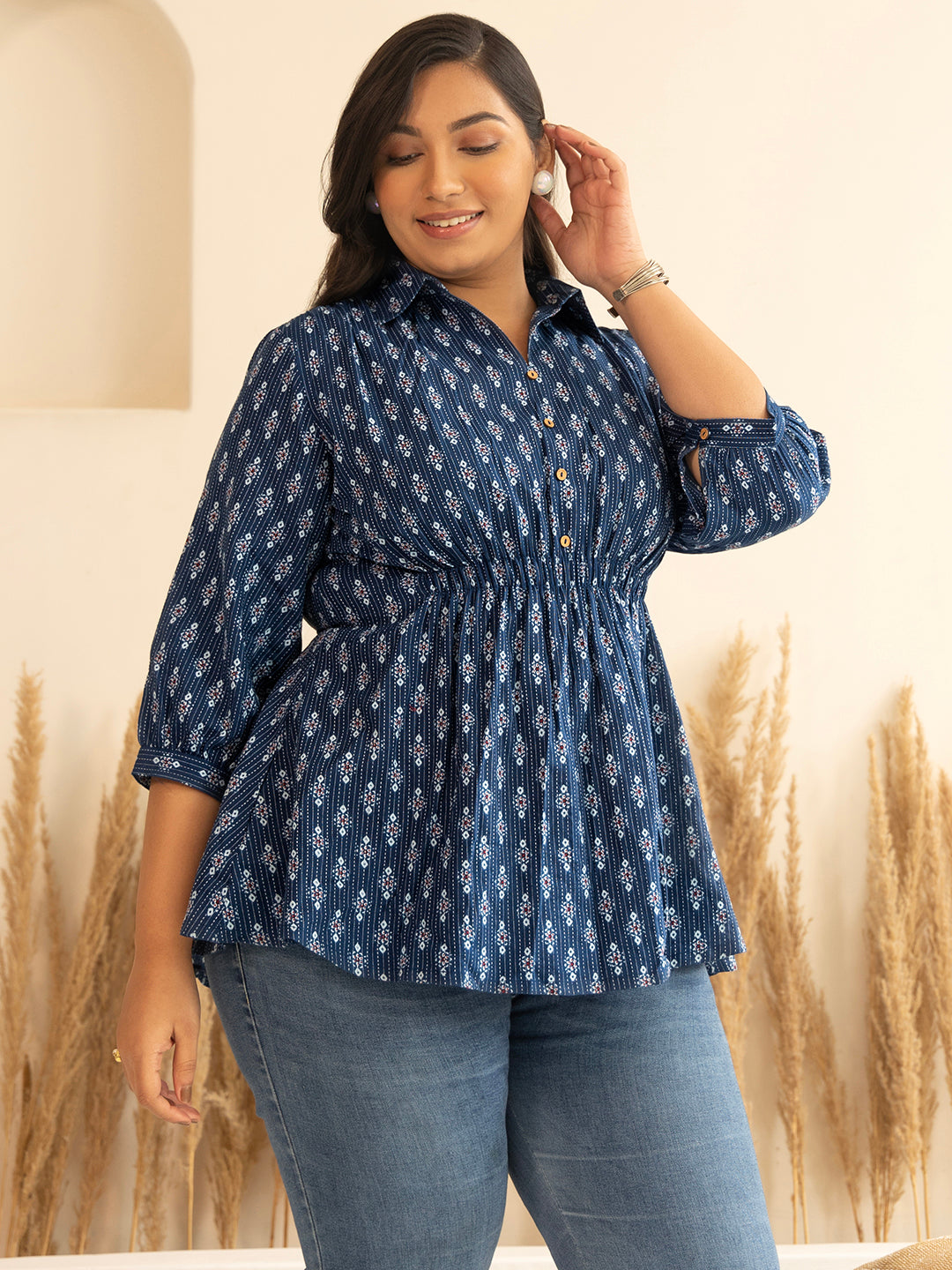 Plus Size Dark Blue Cotton Ethnic Motifs A-Line Top