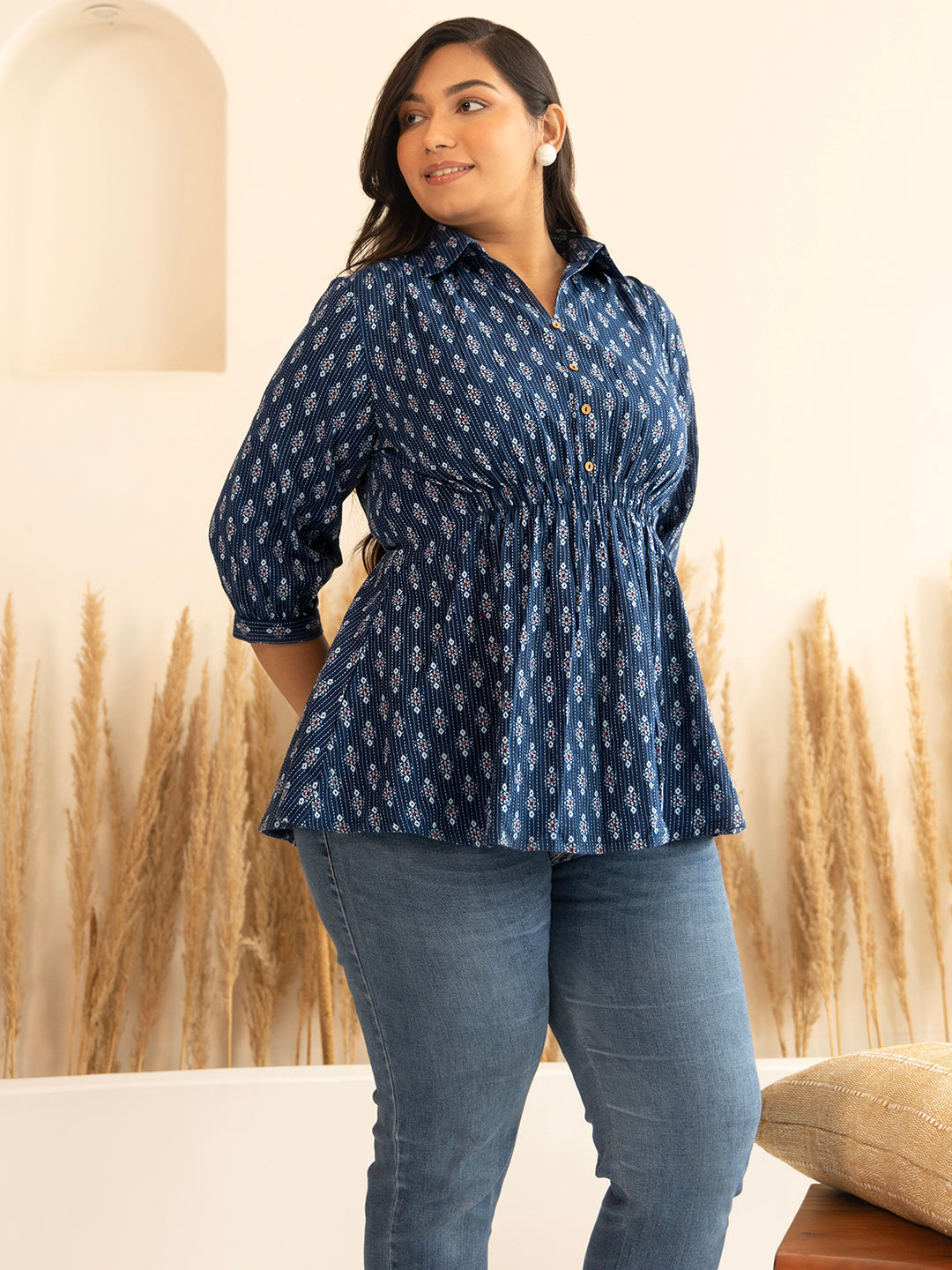 Plus Size Dark Blue Cotton Ethnic Motifs A-Line Top