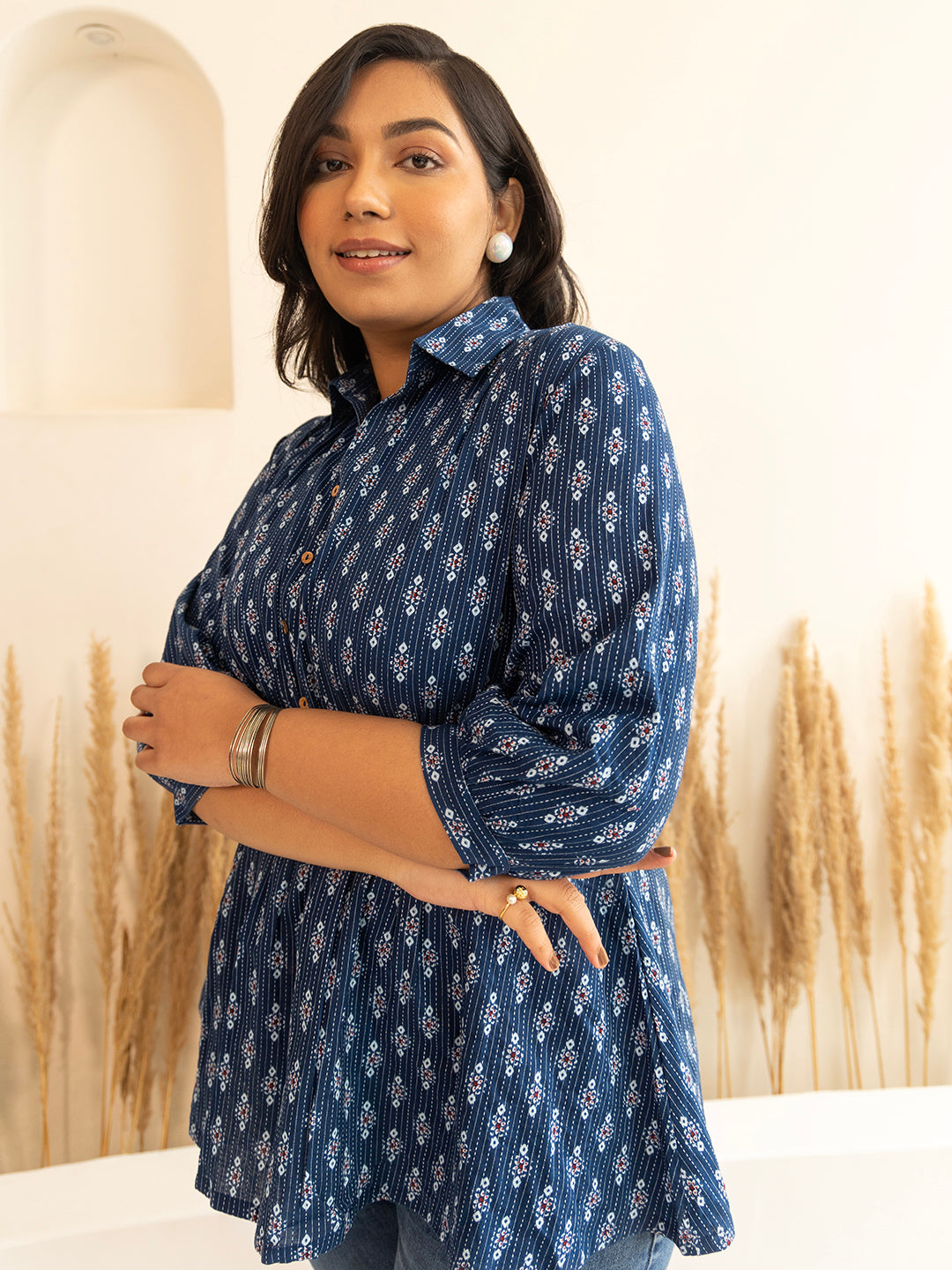 Plus Size Dark Blue Cotton Ethnic Motifs A-Line Top