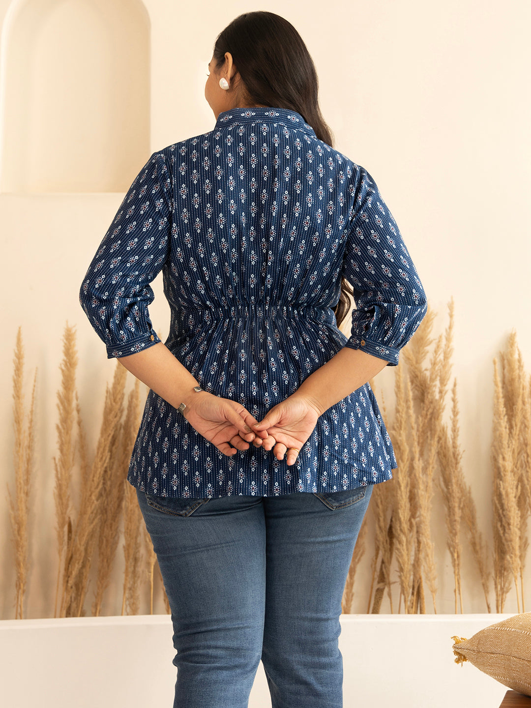 Plus Size Dark Blue Cotton Ethnic Motifs A-Line Top