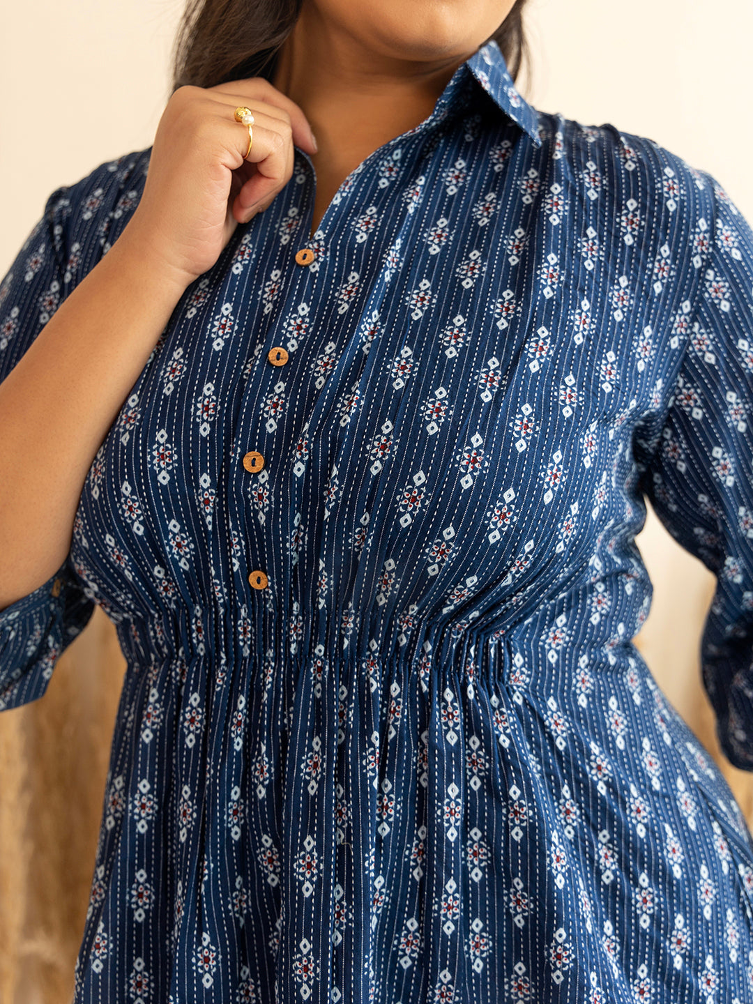 Plus Size Dark Blue Cotton Ethnic Motifs A-Line Top