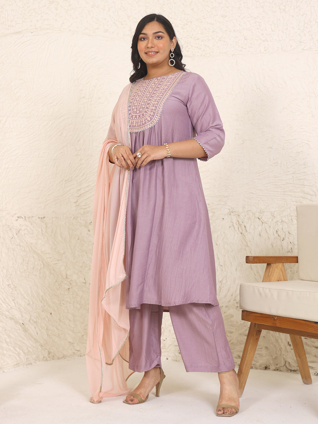 Plus Size Lavender Chinnon Yoke Embroidery Panelled Kurta Set