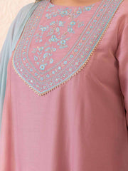 Plus Size Pink Chinnon Yoke Embroidery Panelled Kurta Set